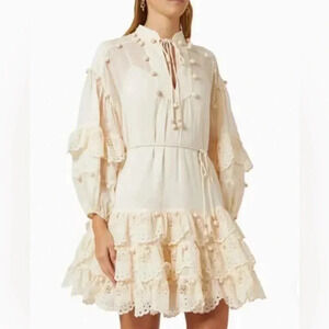 Zimmermann Lyre Lace Trim Embroidered Mini Dress Crochet Balloon Sleeve Cream 3